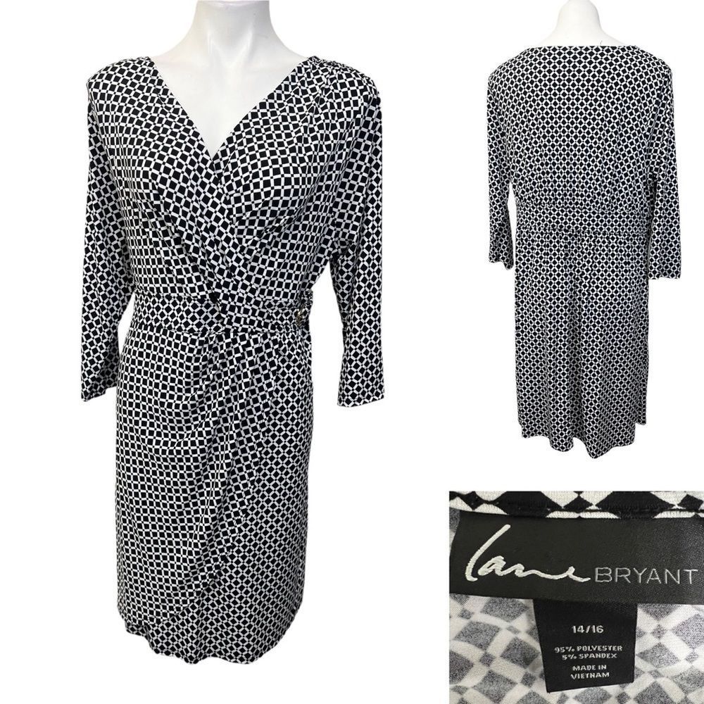 Lane Bryant faux wrap dress plus size 14/16 black white 3/4 sleeve knee length